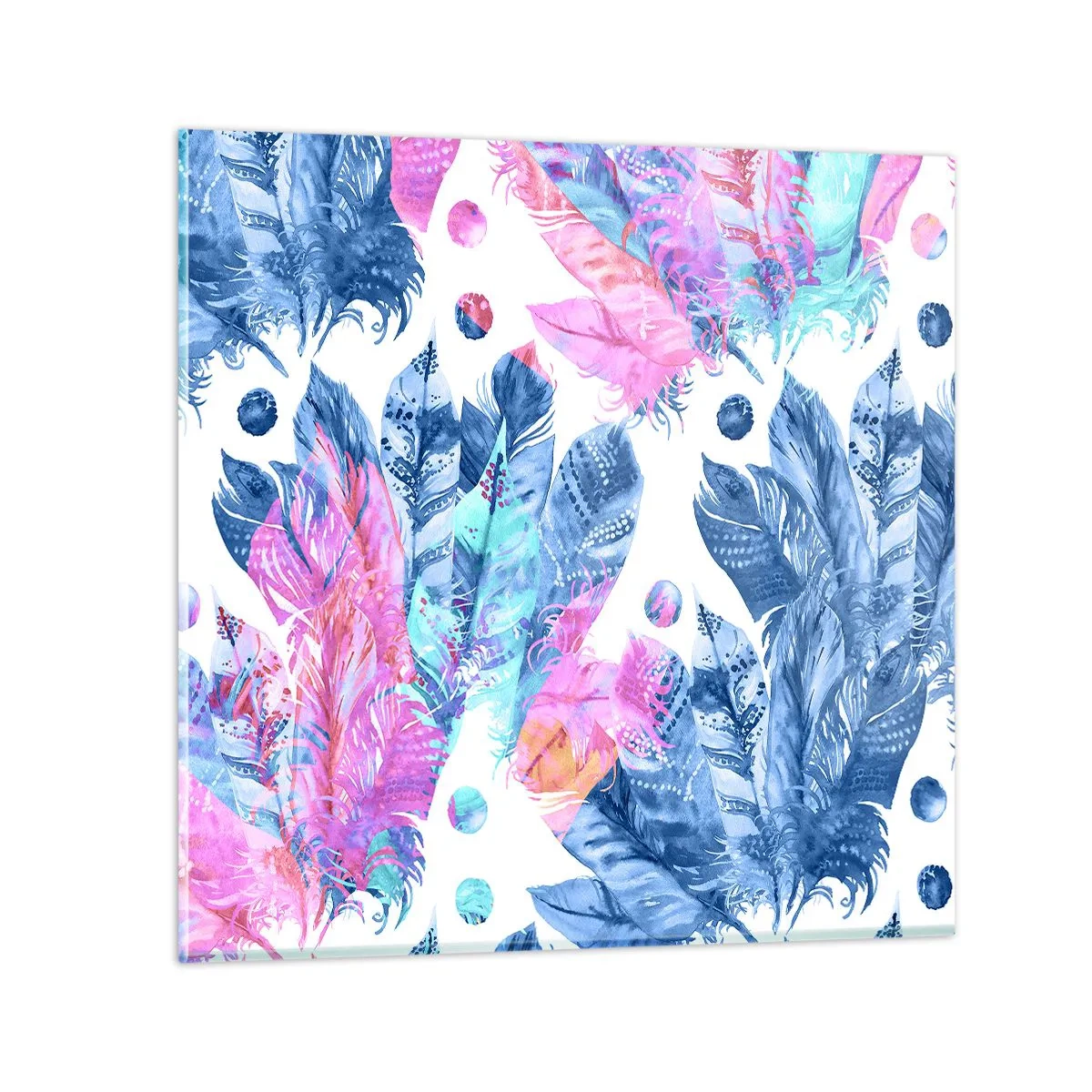 Cuadro sobre vidrio - Impresiones sobre Vidrio - Plumas de color rosa y azul - 30x30 cm