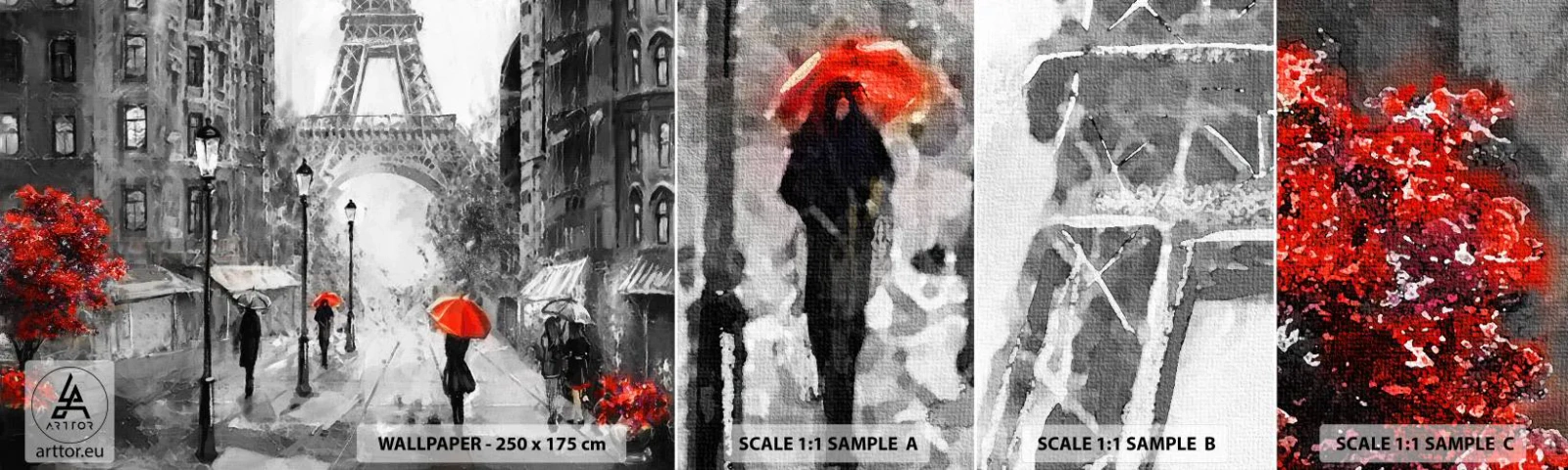 Muestra de fotomural autoadhesivo Deluxe Sticker - Todos los caminos conducen a ella - Ciudad, París, Torre Eiffel - 100x30 cm