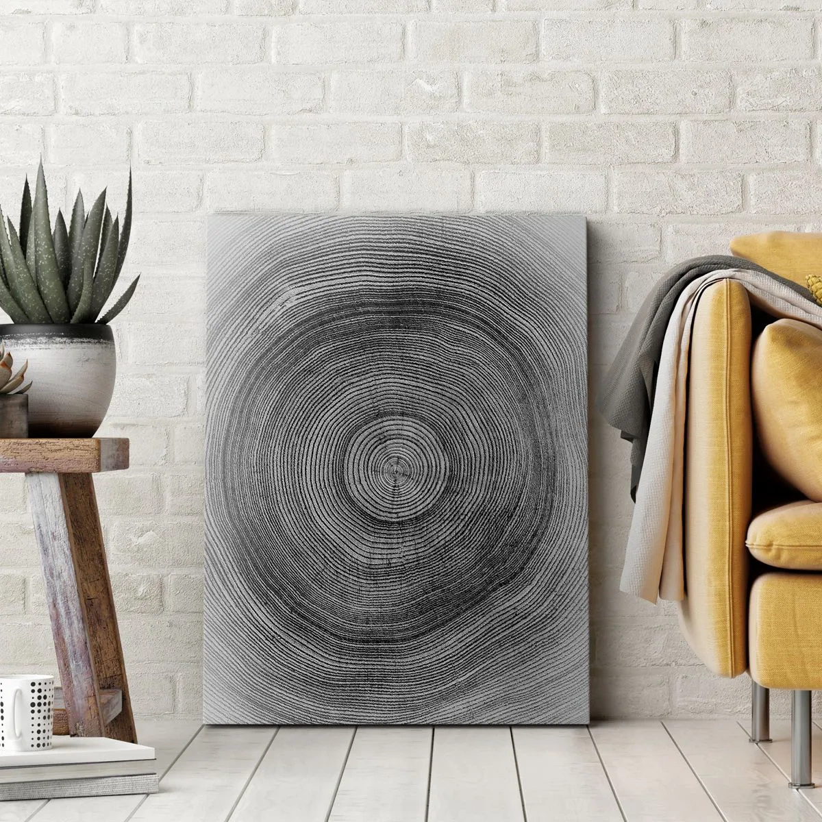 Cuadro sobre lienzo - Impresión de Imagen - Patrón de anillos de árboles en blanco y negro que muestra una sección transversal del tronco. - 50x70cm - El paso del tiempo - Decoración de pared moderna para salón y dormitorio ARTTOR