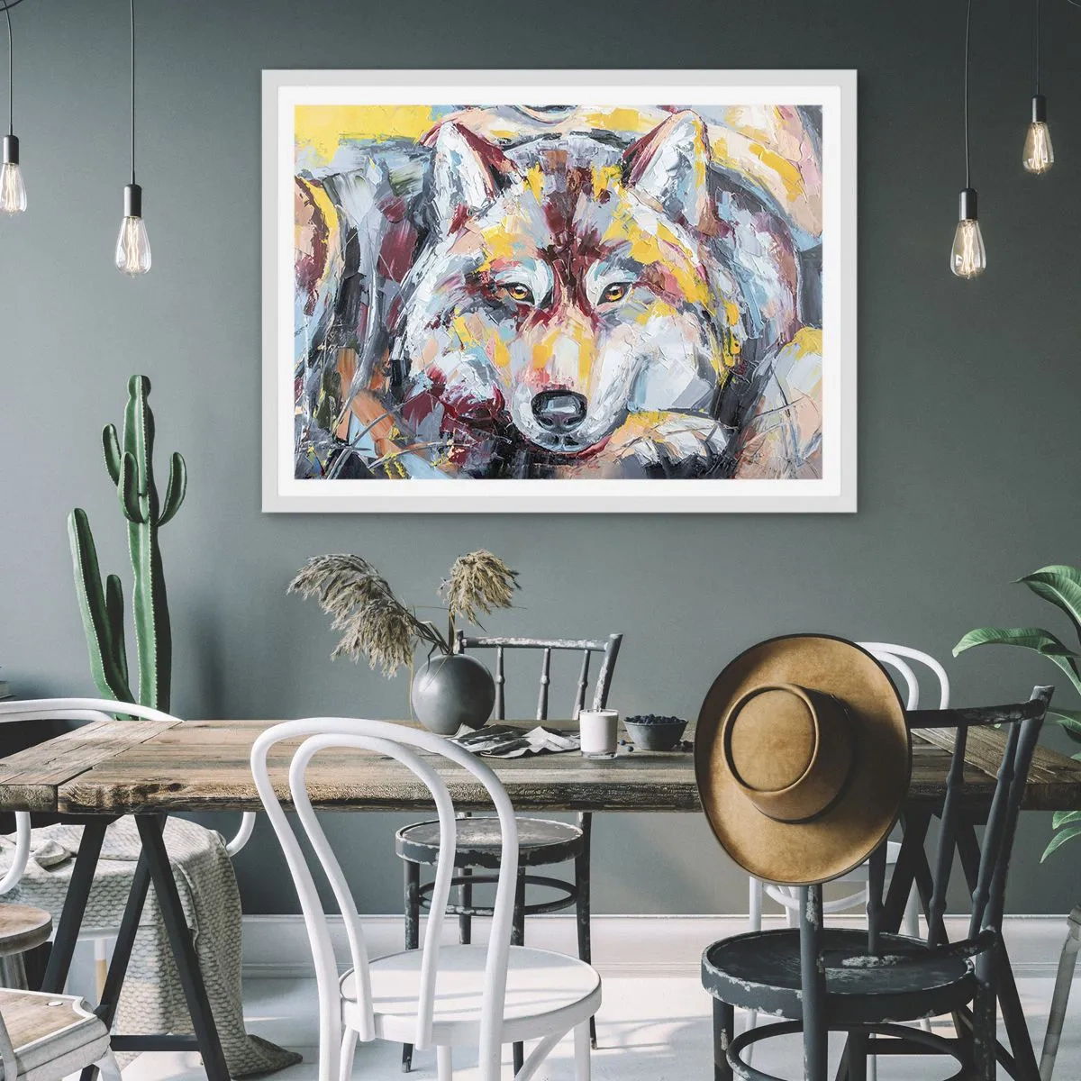 Póster en marco blanco - Pinceladas de lobo - 91x61 cm