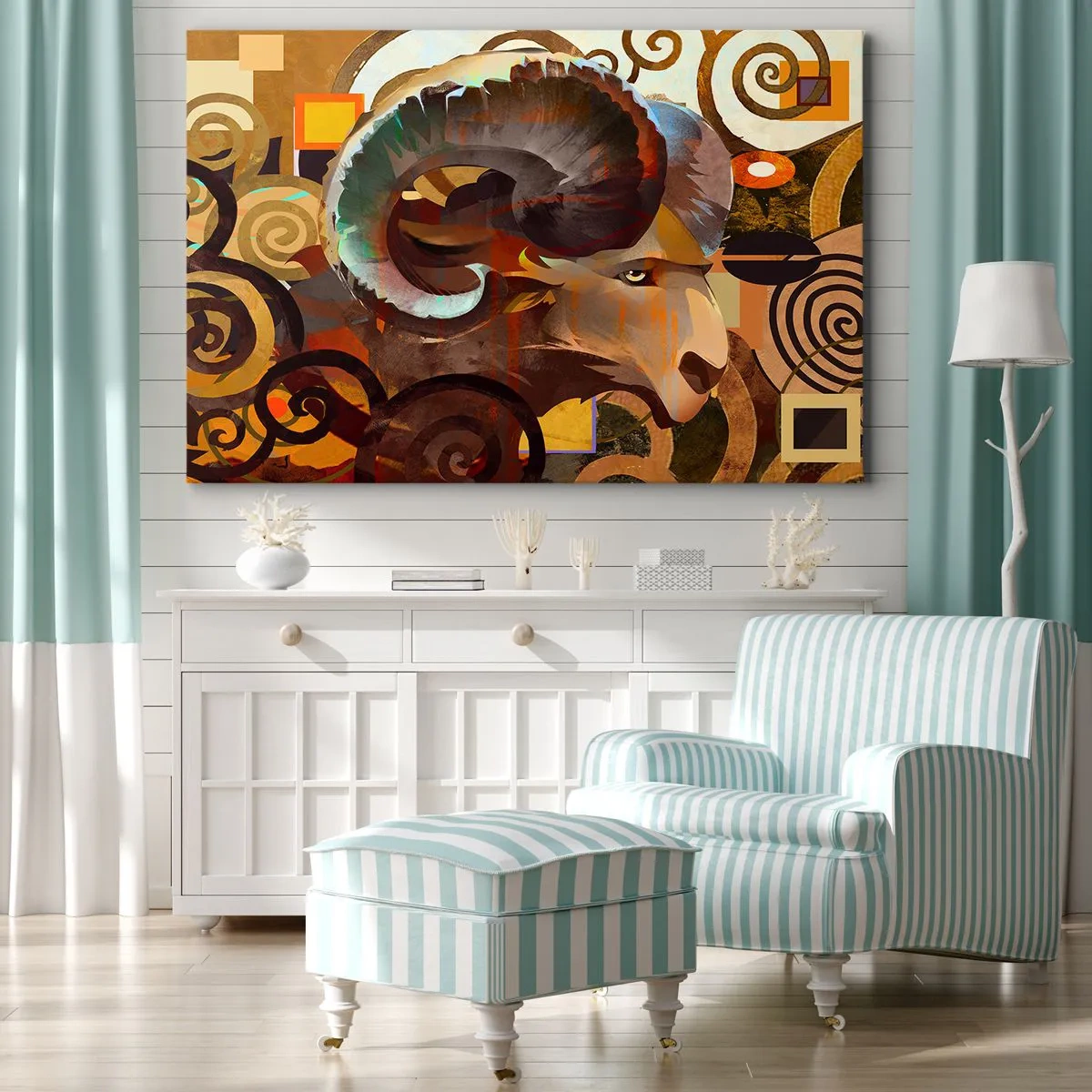 Cuadro sobre lienzo - Impresión de Imagen - Un carnero simbólico en una composición abstracta. - 70x50cm - Magia - religiones - rituales - Decoración de pared moderna para salón y dormitorio ARTTOR
