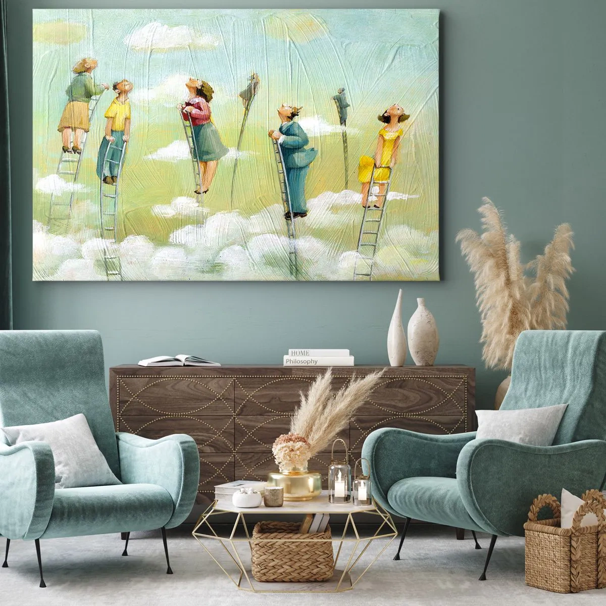 Cuadro sobre lienzo - Impresión de Imagen - Figuras subiendo escaleras entre nubes sobre un fondo pastel. - 70x50cm - Sigue tu sueño - Decoración de pared moderna para salón y dormitorio ARTTOR