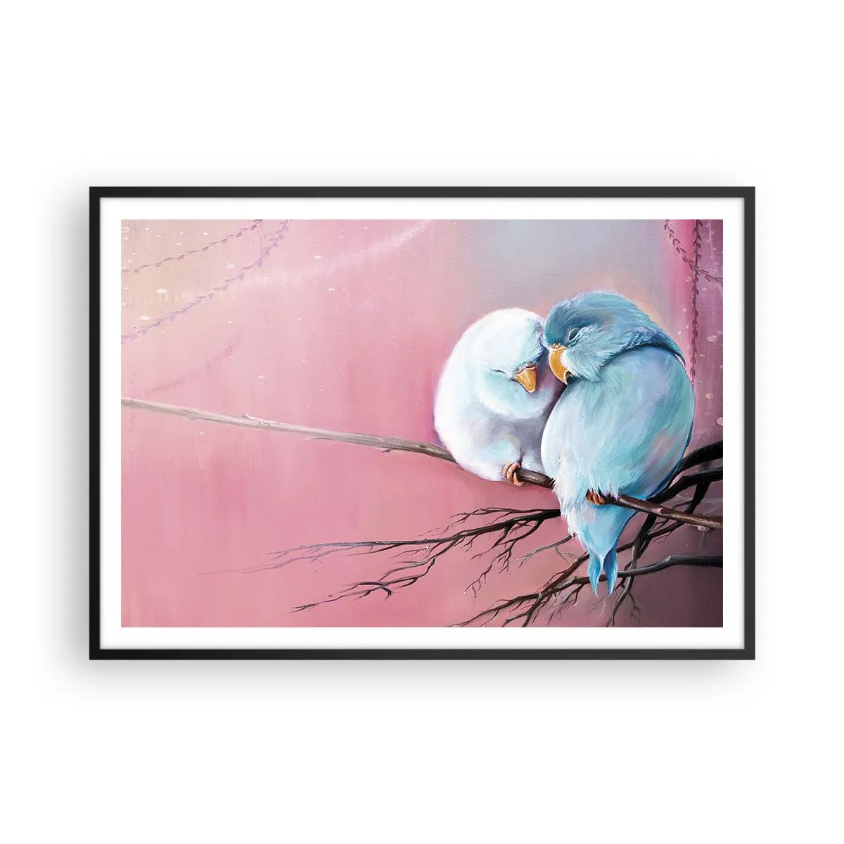 Póster en marco negro - Dos pájaros enamorados en una rama sobre un fondo rosa. - 100x70cm - Qué añadir aquí... - Decoración de pared moderna para salón y dormitorio ARTTOR