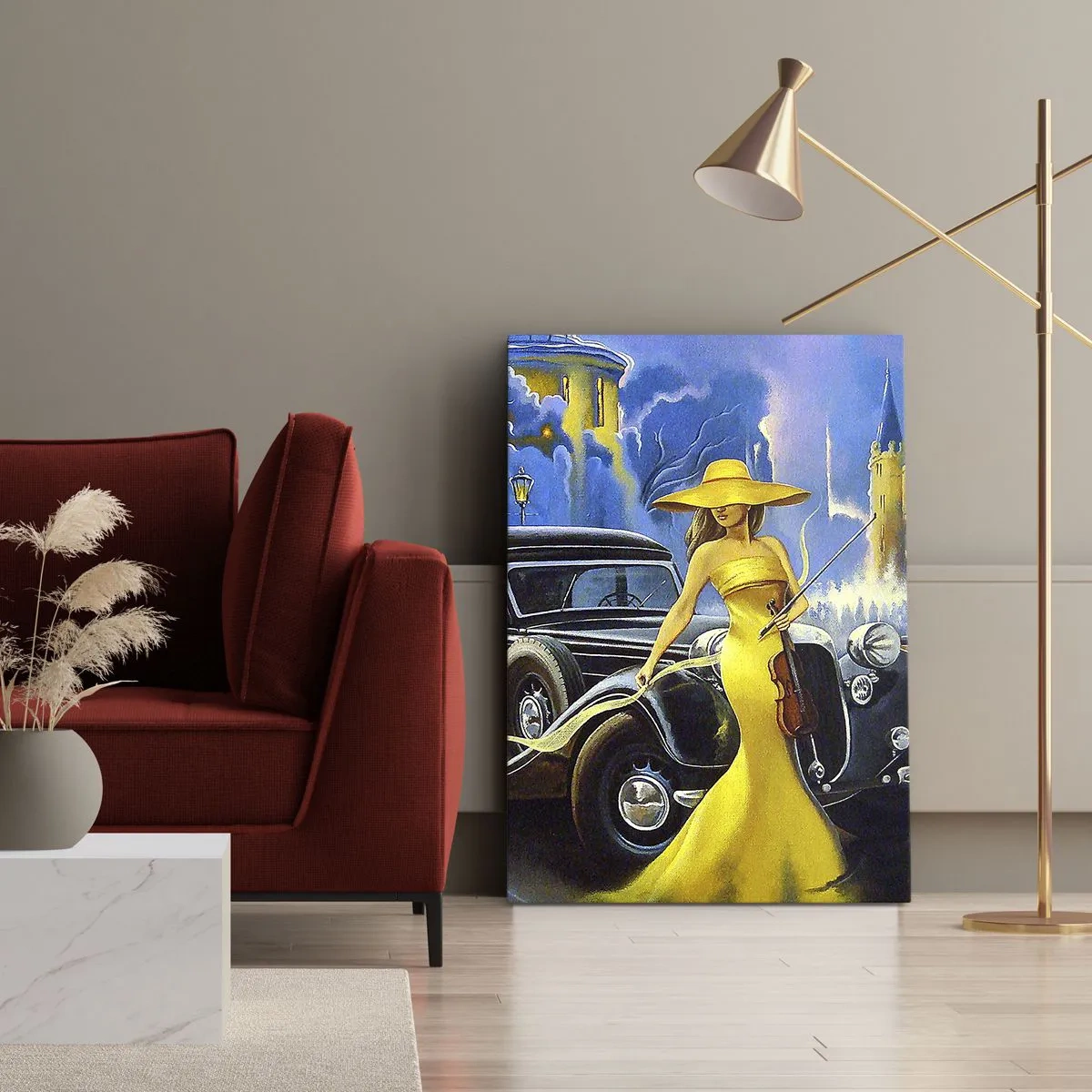 Cuadro sobre lienzo - Impresión de Imagen - Una mujer con un vestido amarillo con un violín junto a un coche retro. - 80x120cm - Noche de violín y pasión - Decoración de pared moderna para salón y dormitorio ARTTOR