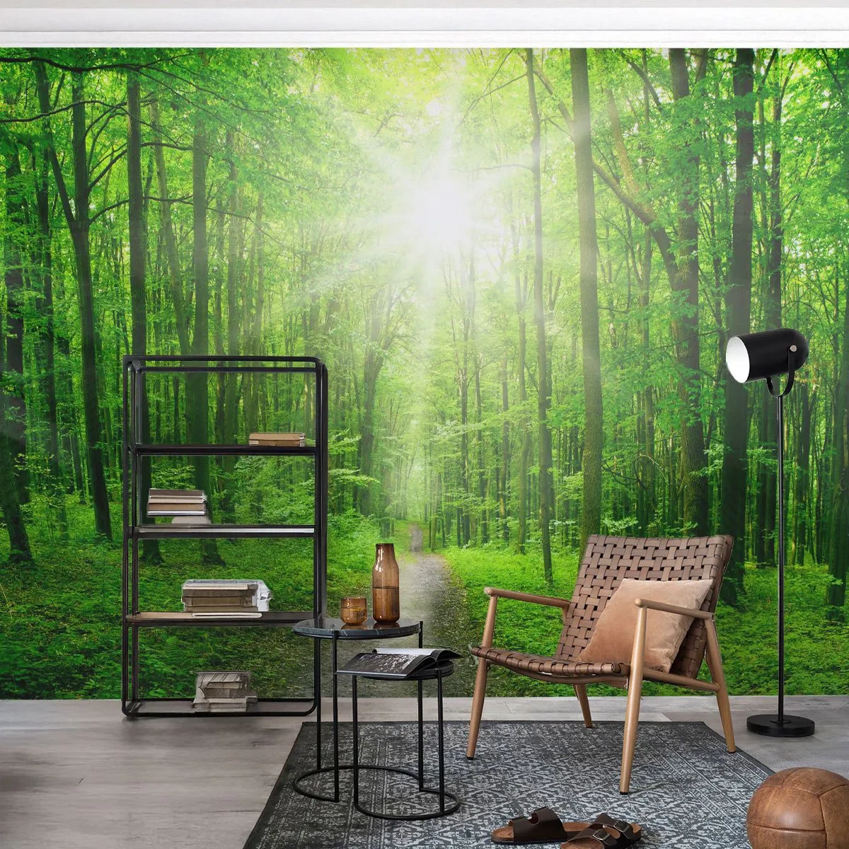 Fotomural Premium Sand - Bosque verde con rayos de sol y un camino entre los árboles. - 100x70cm - Catedral verde - Decoración de pared moderna para salón y dormitorio ARTTOR