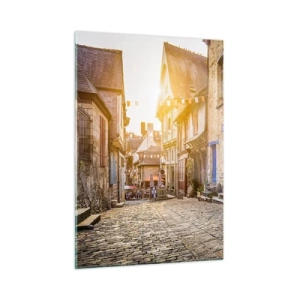 Cuadro sobre vidrio - Impresiones sobre Vidrio - Una encantadora calle del pueblo con un gato blanco y una bicicleta. - 50x70cm - El fantasma blanco de la ciudad - Decoración de pared moderna para salón y dormitorio ARTTOR