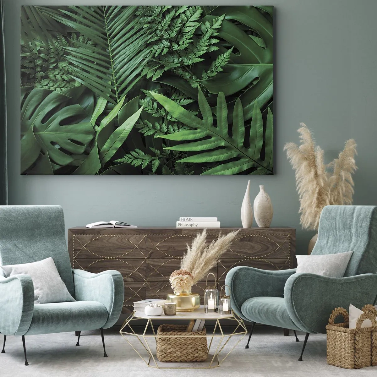 Cuadro sobre lienzo - Impresión de Imagen - Hojas tropicales verdes en una composición densa y natural. - 100x70cm - Abrazo verde - Decoración de pared moderna para salón y dormitorio ARTTOR