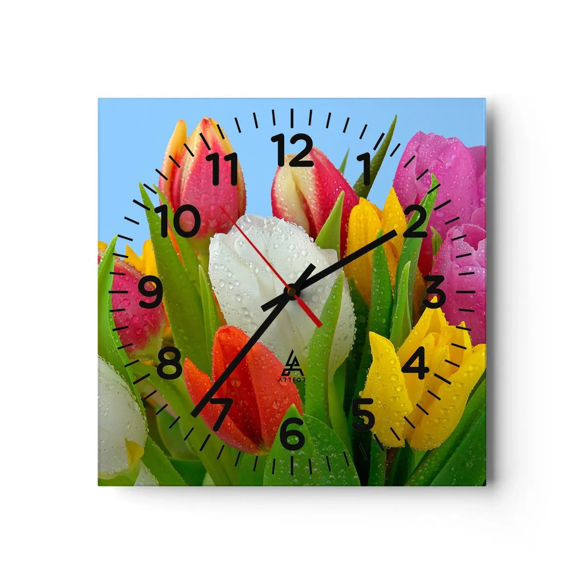 Reloj de pared - Reloj de vidrio - Arco iris floral en gotas de rocío - 30x30 cm