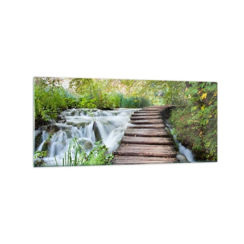 Cuadro sobre vidrio - Impresiones sobre Vidrio - Un puente de madera sobre una cascada rodeado de un exuberante bosque verde. - 120x50cm - No es agua silenciosa en absoluto - Decoración de pared moderna para salón y dormitorio ARTTOR