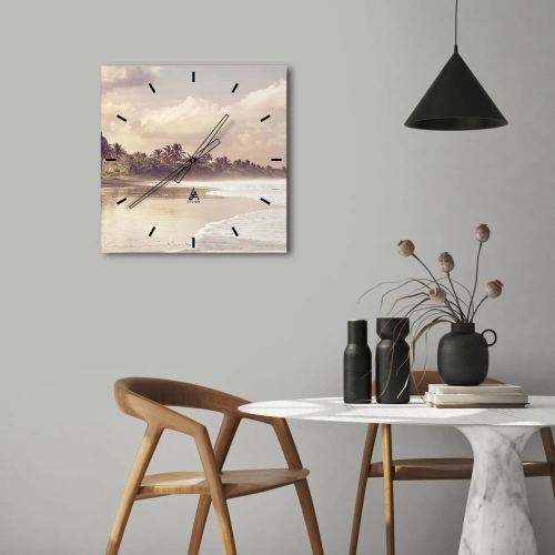 Reloj de pared - Reloj de vidrio - Una playa con palmeras y olas suaves por la mañana. - 30x30cm - La caricia de las olas - Decoración de pared moderna para salón y dormitorio ARTTOR