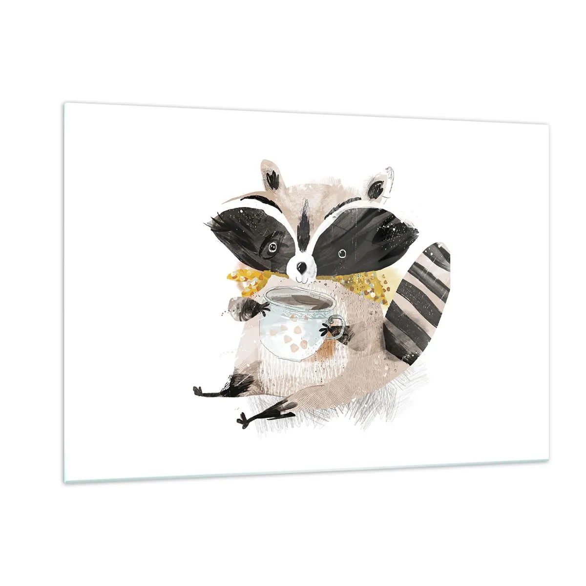 Cuadro sobre vidrio - Impresiones sobre Vidrio - Un lindo mapache sosteniendo una taza de bebida. - 120x80cm - Mi amigo mapache - Decoración de pared moderna para salón y dormitorio ARTTOR