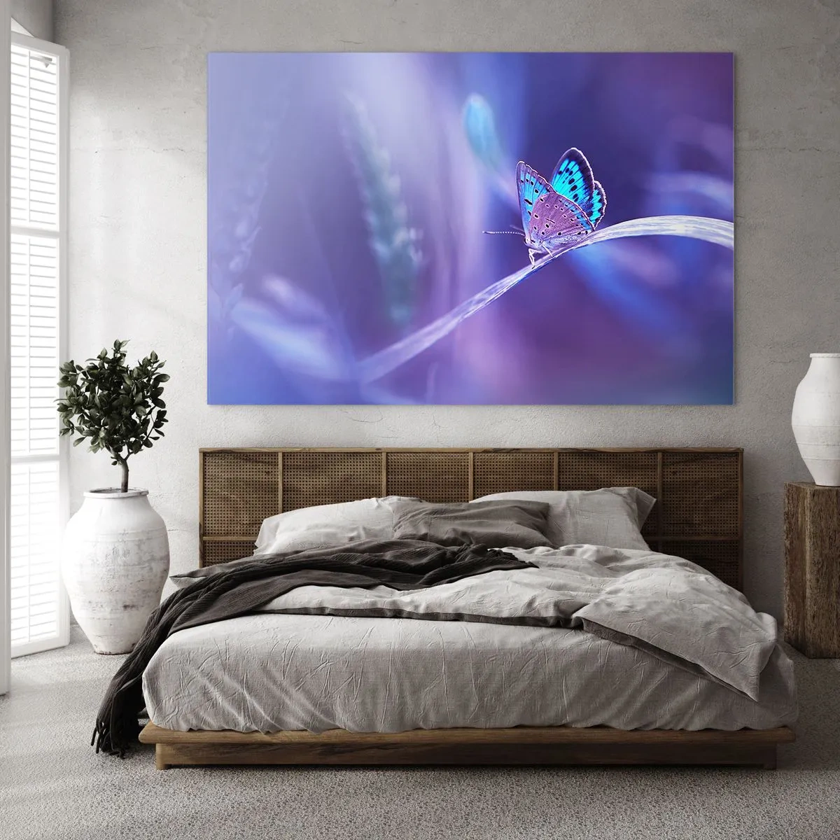 Cuadro sobre vidrio - Impresiones sobre Vidrio - Mariposa sobre un fondo de luz violeta - 70x50cm - Una joya de la naturaleza - Decoración de pared moderna para salón y dormitorio ARTTOR