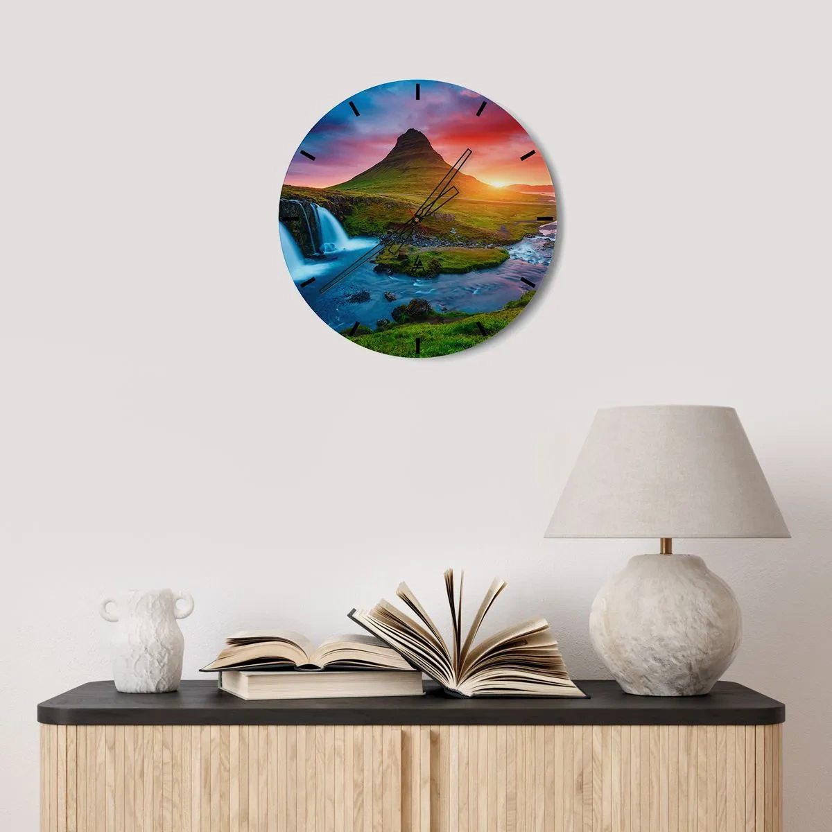 Reloj de pared - Reloj de vidrio - Islandia - fuego y agua - 40x40 cm