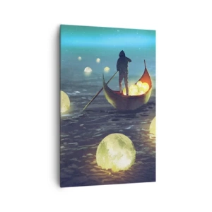 Cuadro sobre lienzo - Impresión de Imagen - Una figura en un barco rodeada de bolas luminosas en el agua. - 80x120cm - Cosas que los filósofos nunca soñaron - Decoración de pared moderna para salón y dormitorio ARTTOR