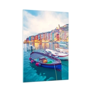 Cuadro sobre vidrio - Impresiones sobre Vidrio - Vista nocturna de Cinque Terre con sus coloridos edificios. - 50x70cm - Una noche colorida en el puerto - Decoración de pared moderna para salón y dormitorio ARTTOR