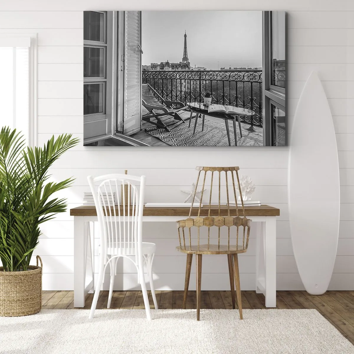 Cuadro sobre lienzo - Impresión de Imagen - Vista de la Torre Eiffel desde el balcón con tumbonas y una mesa. - 70x50cm - Una tarde parisina - Decoración de pared moderna para salón y dormitorio ARTTOR