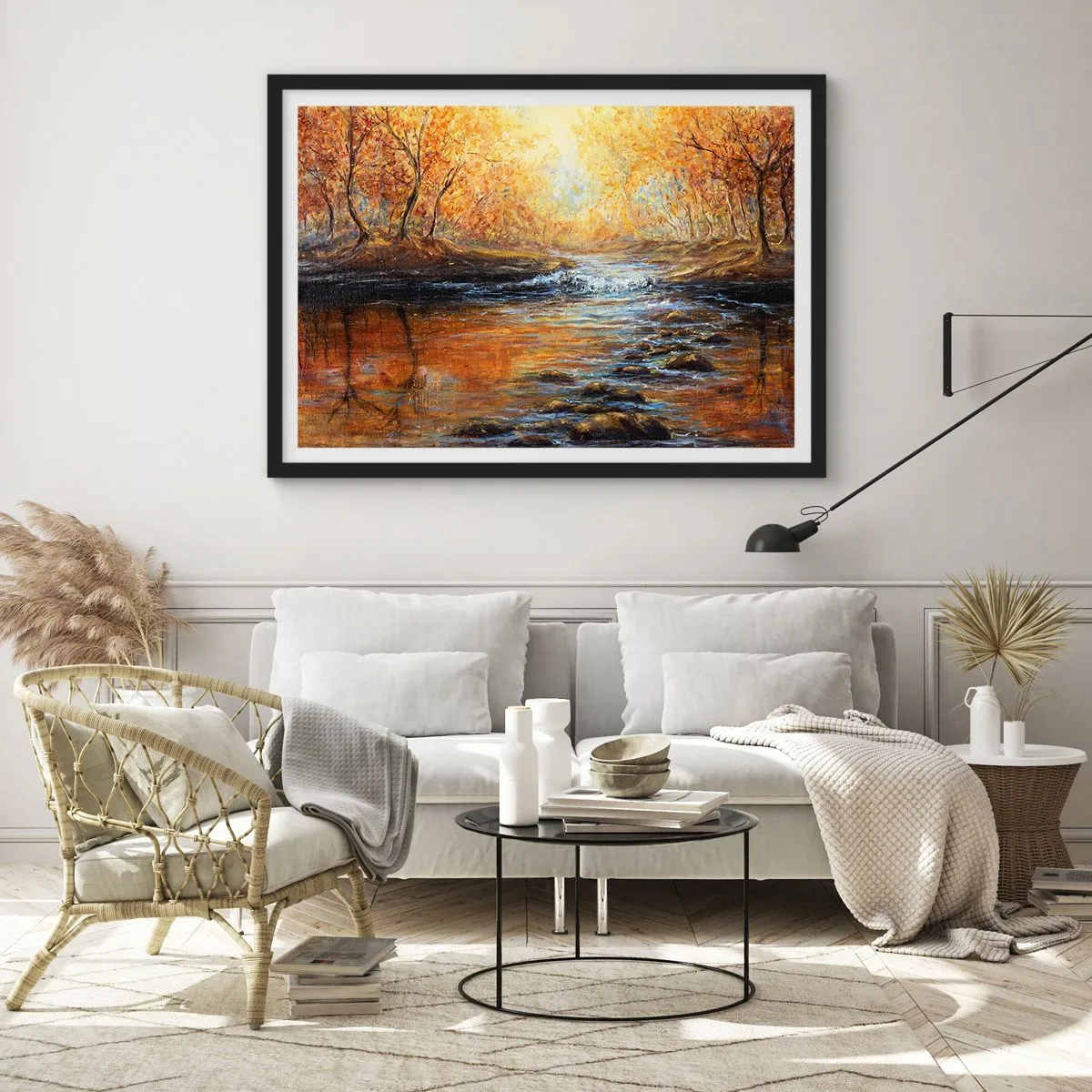 Póster en marco negro - Paisaje otoñal con un río entre los árboles. - 100x70cm - Arroyo de oro - Decoración de pared moderna para salón y dormitorio ARTTOR
