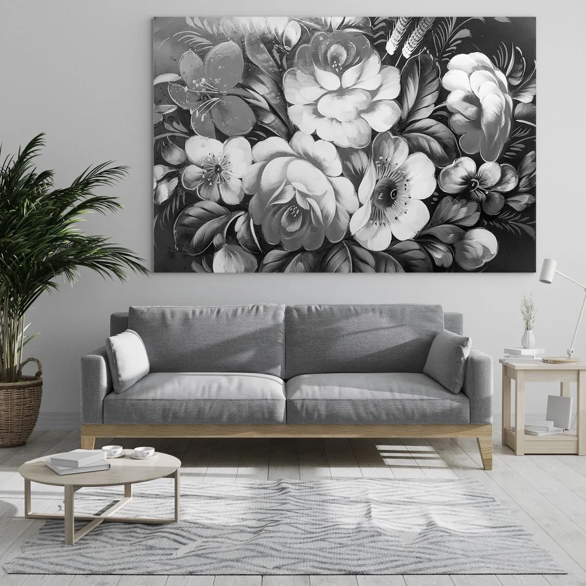 Cuadro sobre vidrio - Impresiones sobre Vidrio - Un elegante ramo de flores en tonos grises. - 100x70cm - Hermoso incluso en el gris - Decoración de pared moderna para salón y dormitorio ARTTOR