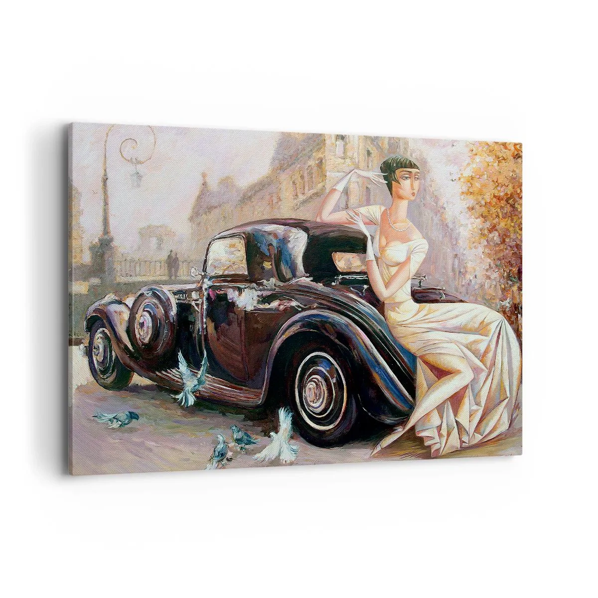 Cuadro sobre lienzo - Impresión de Imagen - Mujer retro junto a un coche clásico - 120x80cm - Elegancia retro - Decoración de pared moderna para salón y dormitorio ARTTOR