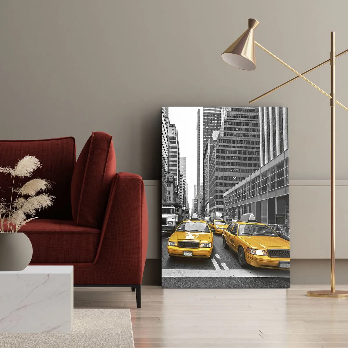 Cuadro sobre lienzo - Impresión de Imagen - Taxis amarillos en las calles de Nueva York - 80x120cm - Nosotros somos los que damos color a la ciudad - Decoración de pared moderna para salón y dormitorio ARTTOR