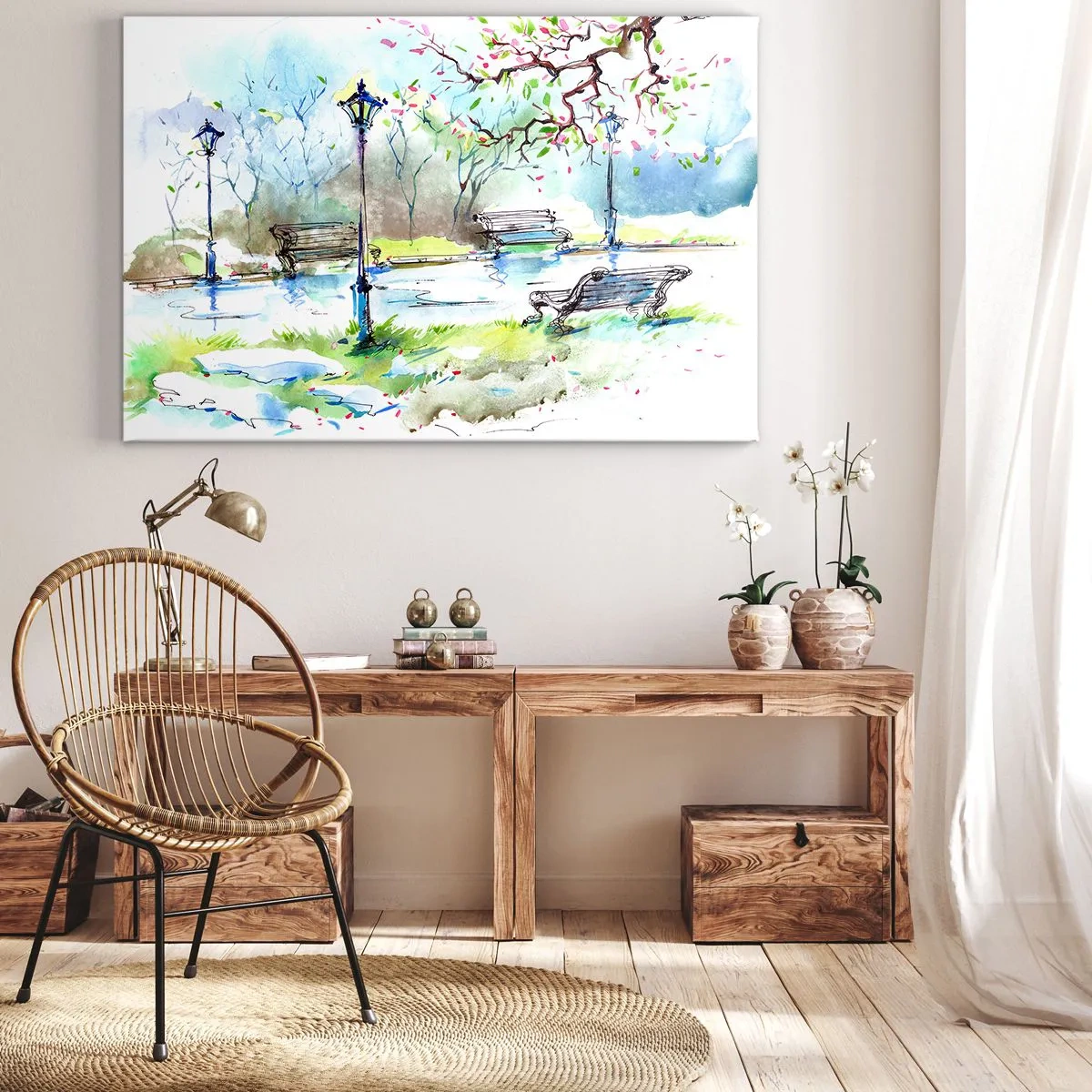 Cuadro sobre lienzo - Impresión de Imagen - Escena de parque de acuarela con bancos y lámparas. - 70x50cm - El encanto del silencio del parque - Decoración de pared moderna para salón y dormitorio ARTTOR