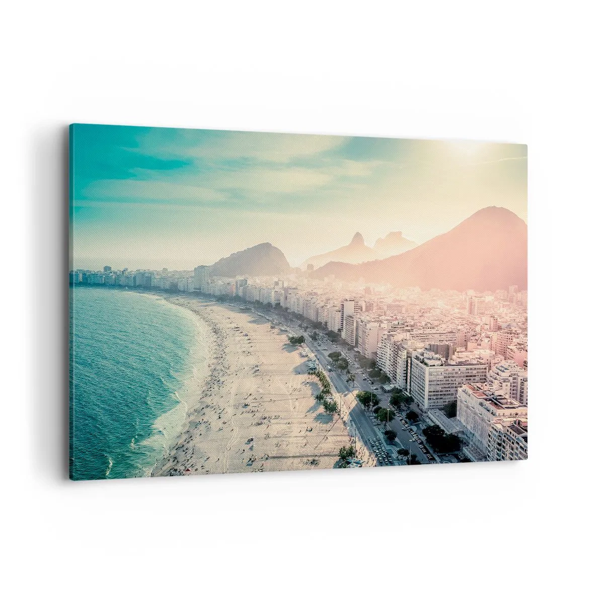 Cuadro sobre lienzo - Impresión de Imagen - Panorama de la playa de Copacabana con montañas al fondo en Río de Janeiro - 100x70cm - Vacaciones perpetuas en Río - Decoración de pared moderna para salón y dormitorio ARTTOR