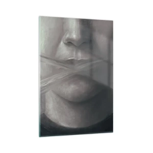 Cuadro sobre vidrio - Impresiones sobre Vidrio - Un retrato simbólico con labios difuminados en tonos grises. - 80x120cm - Ni una palabra - Decoración de pared moderna para salón y dormitorio ARTTOR