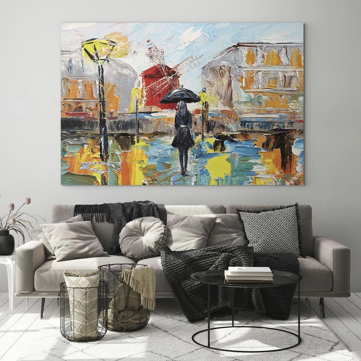 Cuadro sobre vidrio - Impresiones sobre Vidrio - Una mujer con un paraguas contra un fondo urbano al estilo del impresionismo. - 120x80cm - Leyendas parisinas - Decoración de pared moderna para salón y dormitorio ARTTOR
