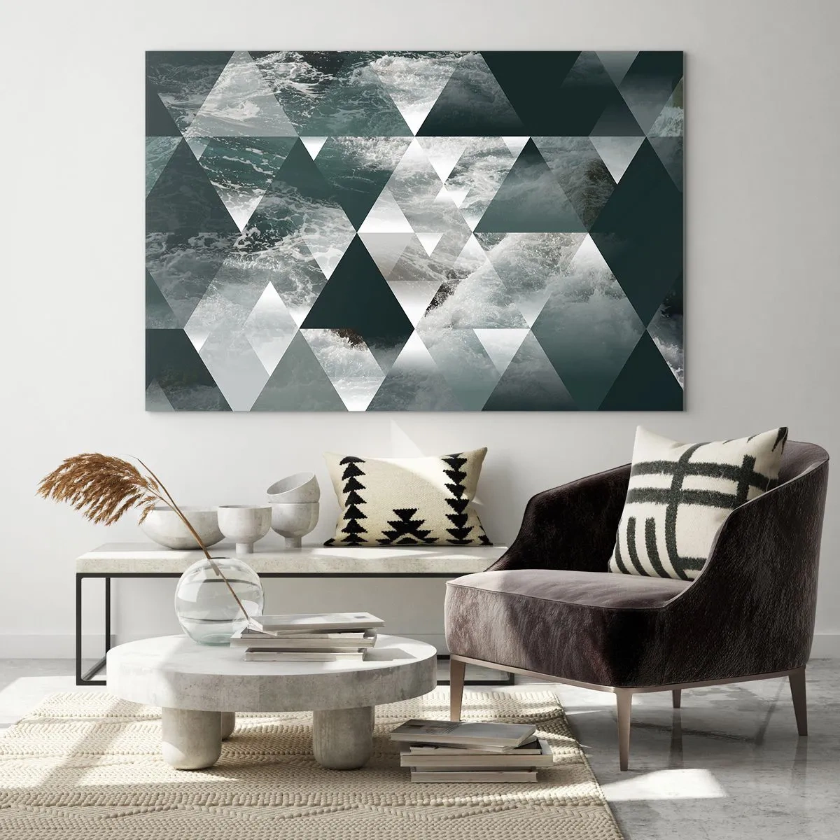 Cuadro sobre vidrio - Impresiones sobre Vidrio - Composición abstracta de triángulos con motivo de ondas de agua. - 70x50cm - Una perspectiva de cristal - Decoración de pared moderna para salón y dormitorio ARTTOR