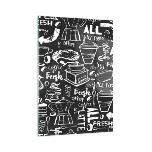 Cuadro sobre vidrio - Impresiones sobre Vidrio - Gráficos y letras de café sobre un fondo negro en estilo retro. - 50x70cm - All you need is… - Decoración de pared moderna para salón y dormitorio ARTTOR