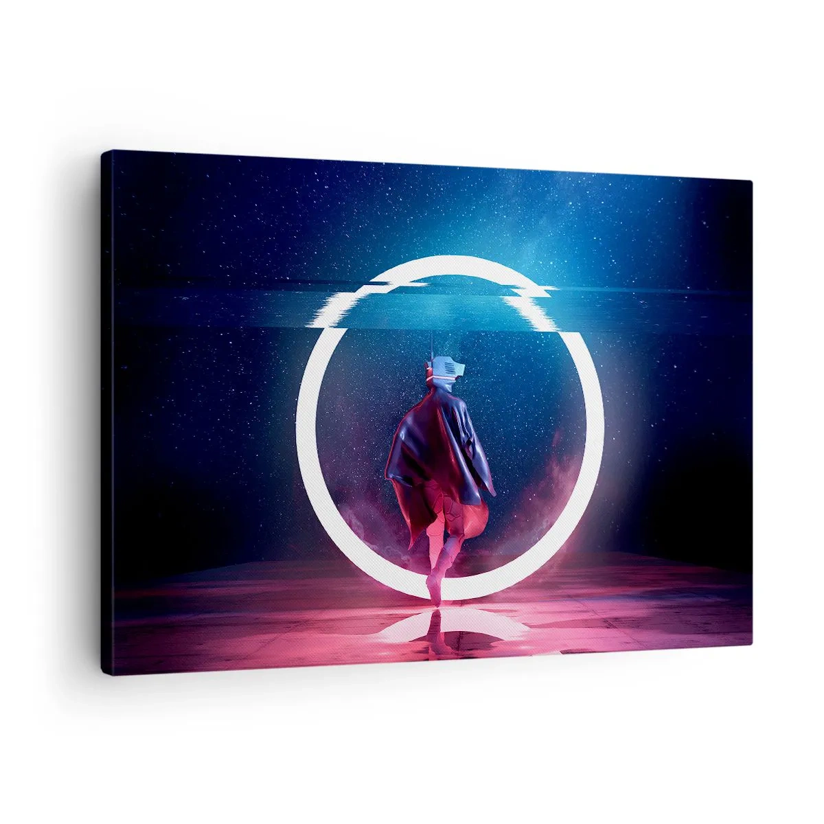 Cuadro sobre lienzo - Impresión de Imagen - Un personaje en un entorno futurista con un círculo de neón. - 70x50cm - Entre mundos - Decoración de pared moderna para salón y dormitorio ARTTOR