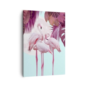 Cuadro sobre lienzo - Impresión de Imagen - Flamencos rosados con la luna y las hojas tropicales como telón de fondo. - 50x70cm - La grandeza de las aves - Decoración de pared moderna para salón y dormitorio ARTTOR