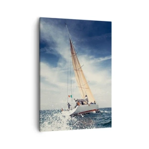 Cuadro sobre lienzo - Impresión de Imagen - Un velero en un mar tempestuoso bajo un cielo azul. - 50x70cm - ¡No nos alcanzarán! - Decoración de pared moderna para salón y dormitorio ARTTOR