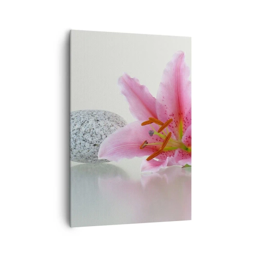 Cuadro sobre lienzo - Impresión de Imagen - Flor de lirio rosa con piedras sobre un fondo claro. - 70x100cm - Estudio en rosa, gris y blanco - Decoración de pared moderna para salón y dormitorio ARTTOR