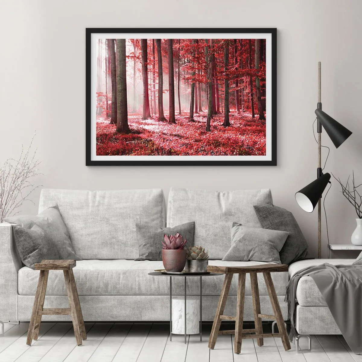 Póster en marco negro - Un impresionante bosque en tonos rojos con rayos de luz que penetran a través de los árboles. - 70x50cm - Rojo como el que más - Decoración de pared moderna para salón y dormitorio ARTTOR