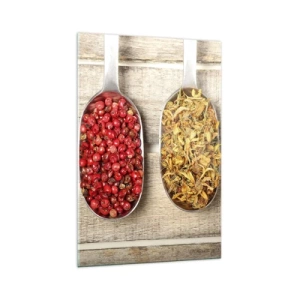 Cuadro sobre vidrio - Impresiones sobre Vidrio - Tres cucharas de metal con especias sobre un fondo de madera. - 70x100cm - La magia de la cocina - Decoración de pared moderna para salón y dormitorio ARTTOR