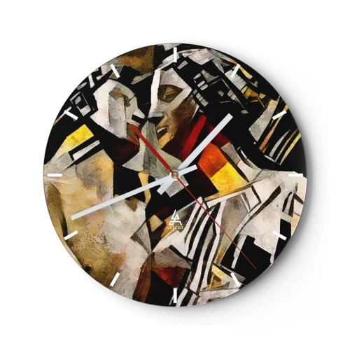 Reloj de pared - Reloj de vidrio - Representación cubista de dos figuras en formas abstractas - 30x30cm - Un beso escultural - Decoración de pared moderna para salón, cocina y dormitorio ARTTOR