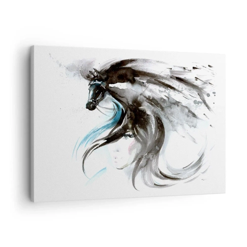Cuadro sobre lienzo - Impresión de Imagen - Una mujer y un caballo en una acuarela mística llena de dinámica. - 70x50cm - El galope del Príncipe Negro - Decoración de pared moderna para salón y dormitorio ARTTOR