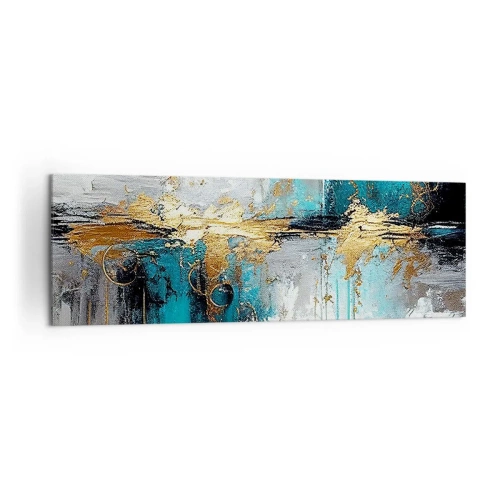 Cuadro sobre lienzo - Impresión de Imagen - Una composición abstracta con acentos turquesa y dorado. - 160x50cm - Todo fluye - Decoración de pared moderna para salón y dormitorio ARTTOR