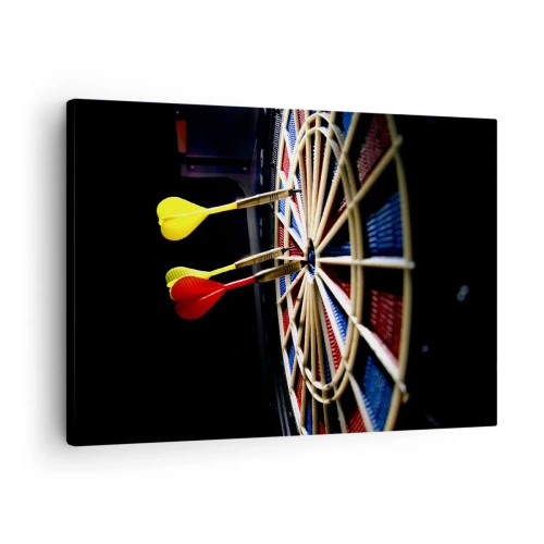 Cuadro sobre lienzo - Impresión de Imagen - Un tablero de dardos con dardos impactados sobre un fondo negro - 70x50cm - En el blanco - Decoración de pared moderna para salón y dormitorio ARTTOR