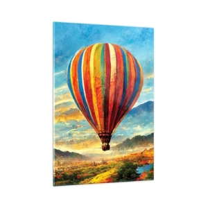 Cuadro sobre vidrio - Impresiones sobre Vidrio - Un globo colorido sobre un paisaje pintoresco. - 80x120cm - En silencio se ve el horizonte - Decoración de pared moderna para salón y dormitorio ARTTOR