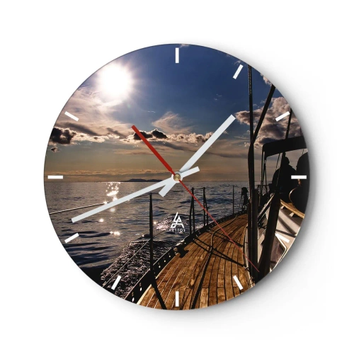 Reloj de pared - Reloj de vidrio - Una vista soleada del mar en calma desde la cubierta de un yate. - 30x30cm - Bajo las velas hacia el sol - Decoración de pared moderna para salón, cocina y dormitorio ARTTOR