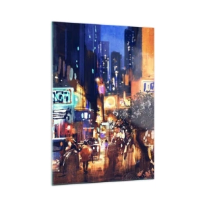 Cuadro sobre vidrio - Impresiones sobre Vidrio - Pintoresca escena nocturna de la ciudad con luces de neón y tráfico callejero. - 50x70cm - Y la ciudad no duerme - Decoración de pared moderna para salón y dormitorio ARTTOR