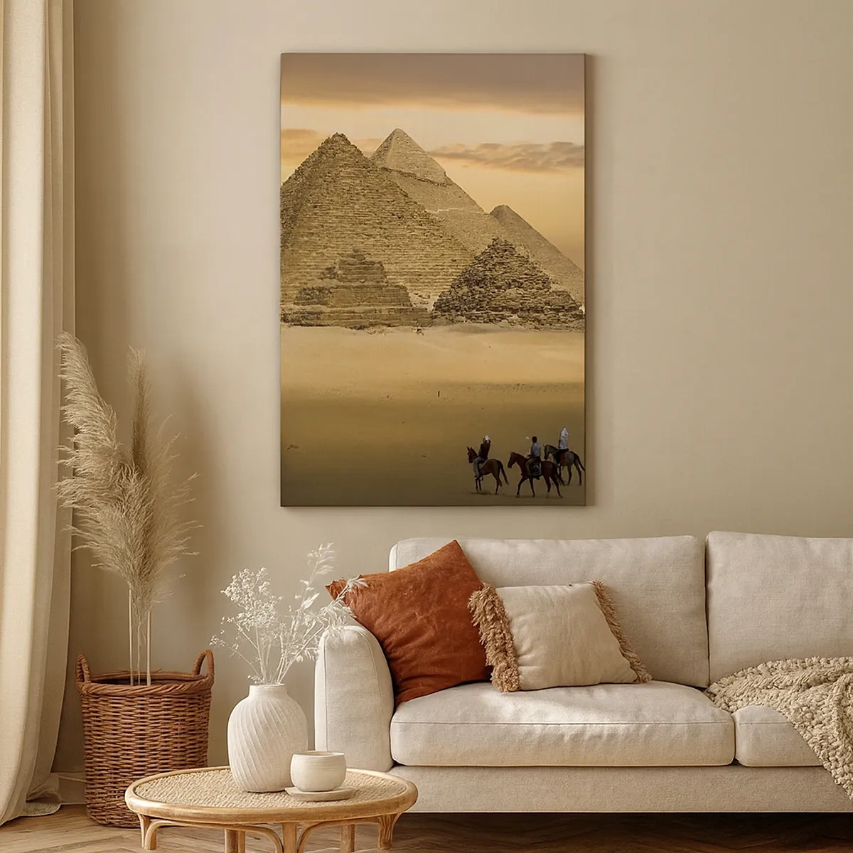 Cuadro sobre lienzo - Impresión de Imagen - Pirámides de Egipto al atardecer con jinetes a caballo - 50x70cm - Sin cambios desde hace miles de años - Decoración de pared moderna para salón y dormitorio ARTTOR