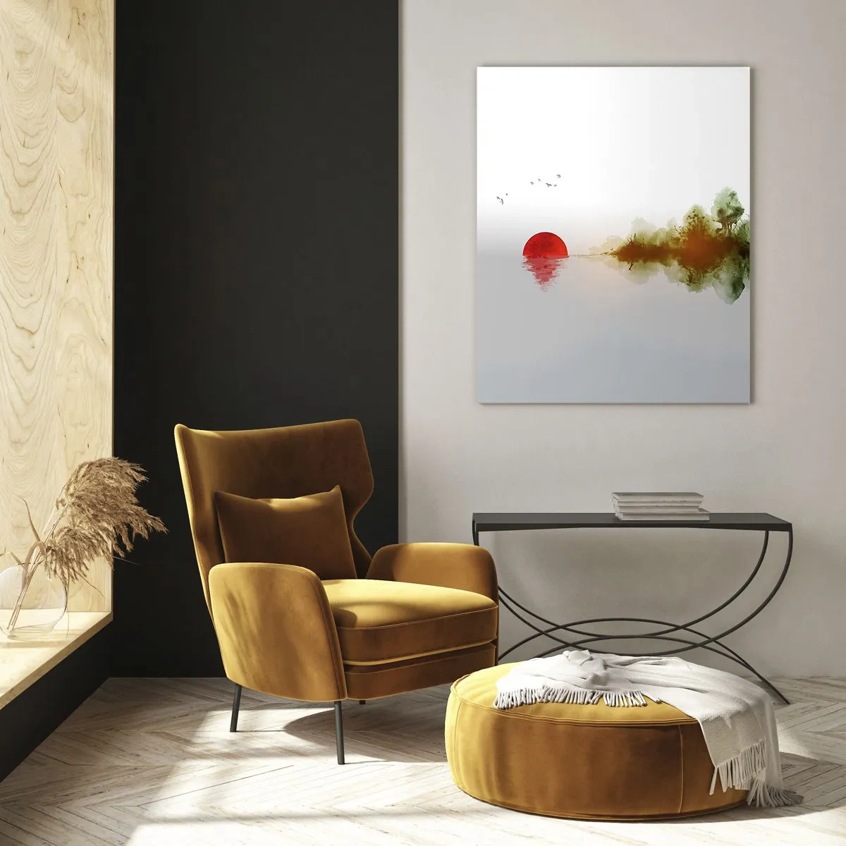 Cuadro sobre vidrio - Impresiones sobre Vidrio - Sol rojo sobre el agua y el contorno del bosque. - 50x70cm - Una promesa de paz - Decoración de pared moderna para salón y dormitorio ARTTOR