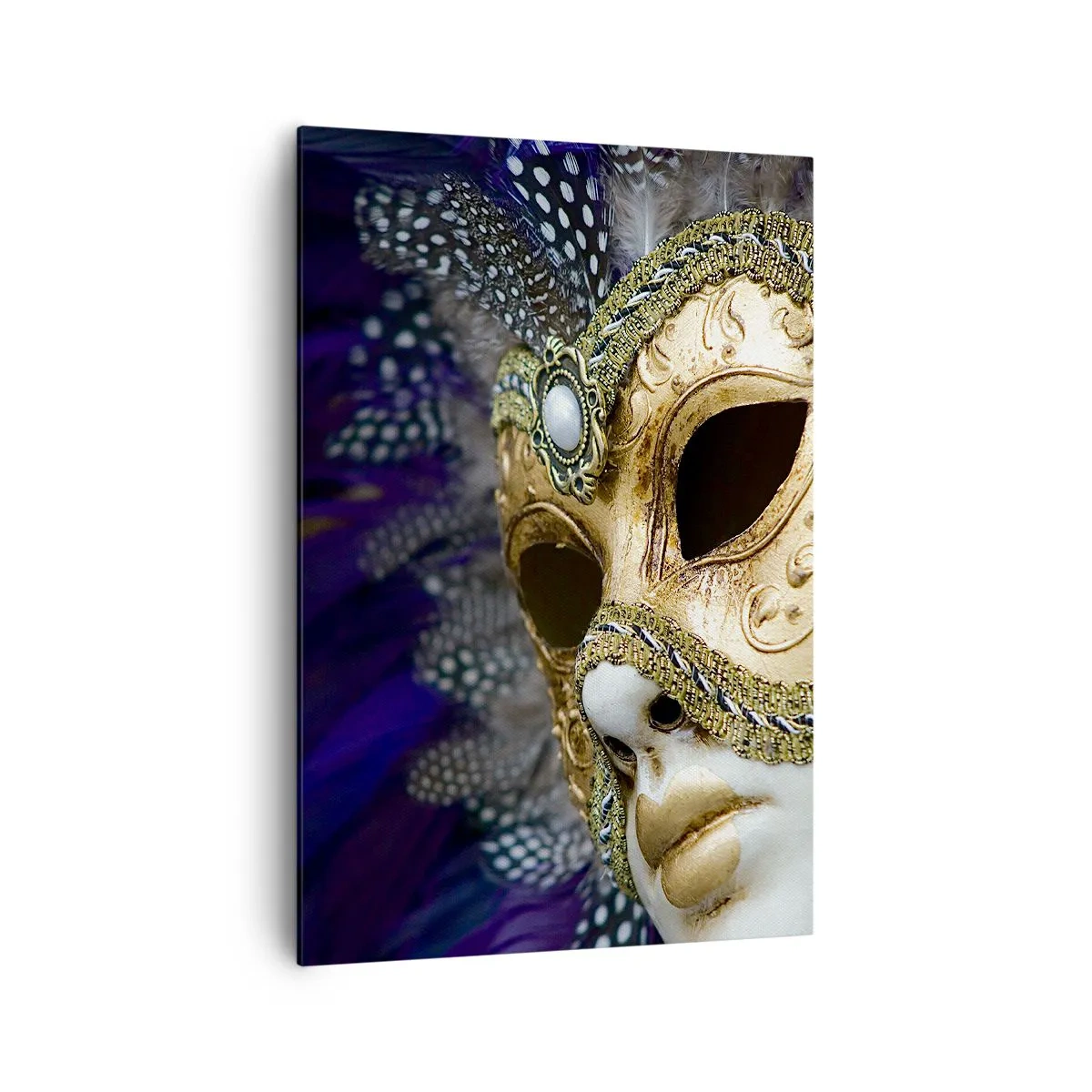 Cuadro sobre lienzo - Impresión de Imagen - Máscara veneciana dorada con plumas decorativas y adornos. - 70x100cm - Retrato veneciano en oro - Decoración de pared moderna para salón y dormitorio ARTTOR