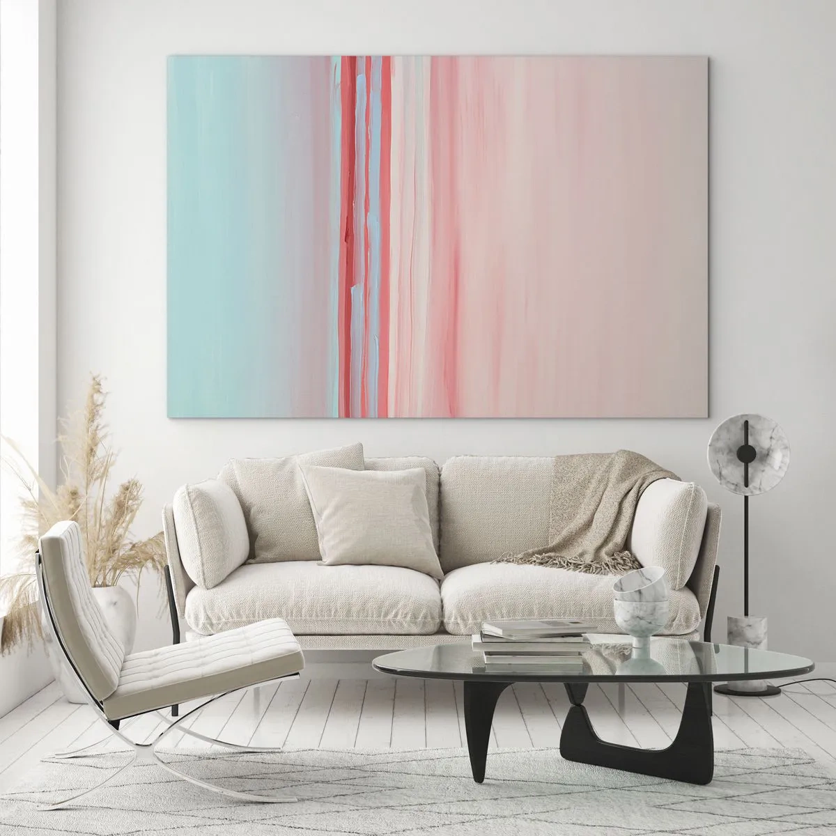 Cuadro sobre vidrio - Impresiones sobre Vidrio - Rayas verticales en tonos pastel de rosa y azul. - 120x80cm - Abstracción al amanecer - Decoración de pared moderna para salón y dormitorio ARTTOR