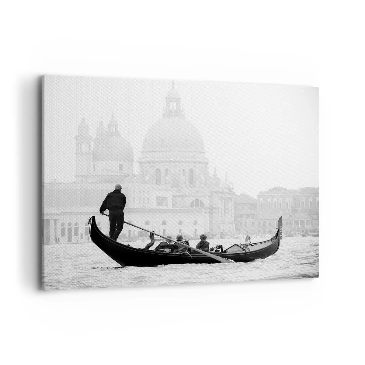 Cuadro sobre lienzo - Impresión de Imagen - Una góndola con la basílica al fondo en blanco y negro. - 100x70cm - Un viaje a la fuente de la belleza - Decoración de pared moderna para salón y dormitorio ARTTOR