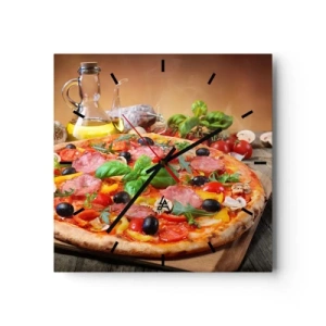 Reloj de pared - Reloj de vidrio - Deliciosa pizza en una mesa de madera con ingredientes. - 30x30cm - Con un verdadero sabor italiano - Decoración de pared moderna para salón y dormitorio ARTTOR