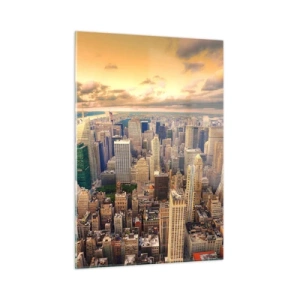 Cuadro sobre vidrio - Impresiones sobre Vidrio - Panorama de la ciudad con rascacielos al atardecer - 50x70cm - Metrópolis dorada - Decoración de pared moderna para salón y dormitorio ARTTOR